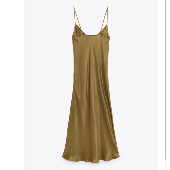 NWT ZARA SATIN LINGERIE STYLE DRESS DARK KHAKI - Picture 7 of 8